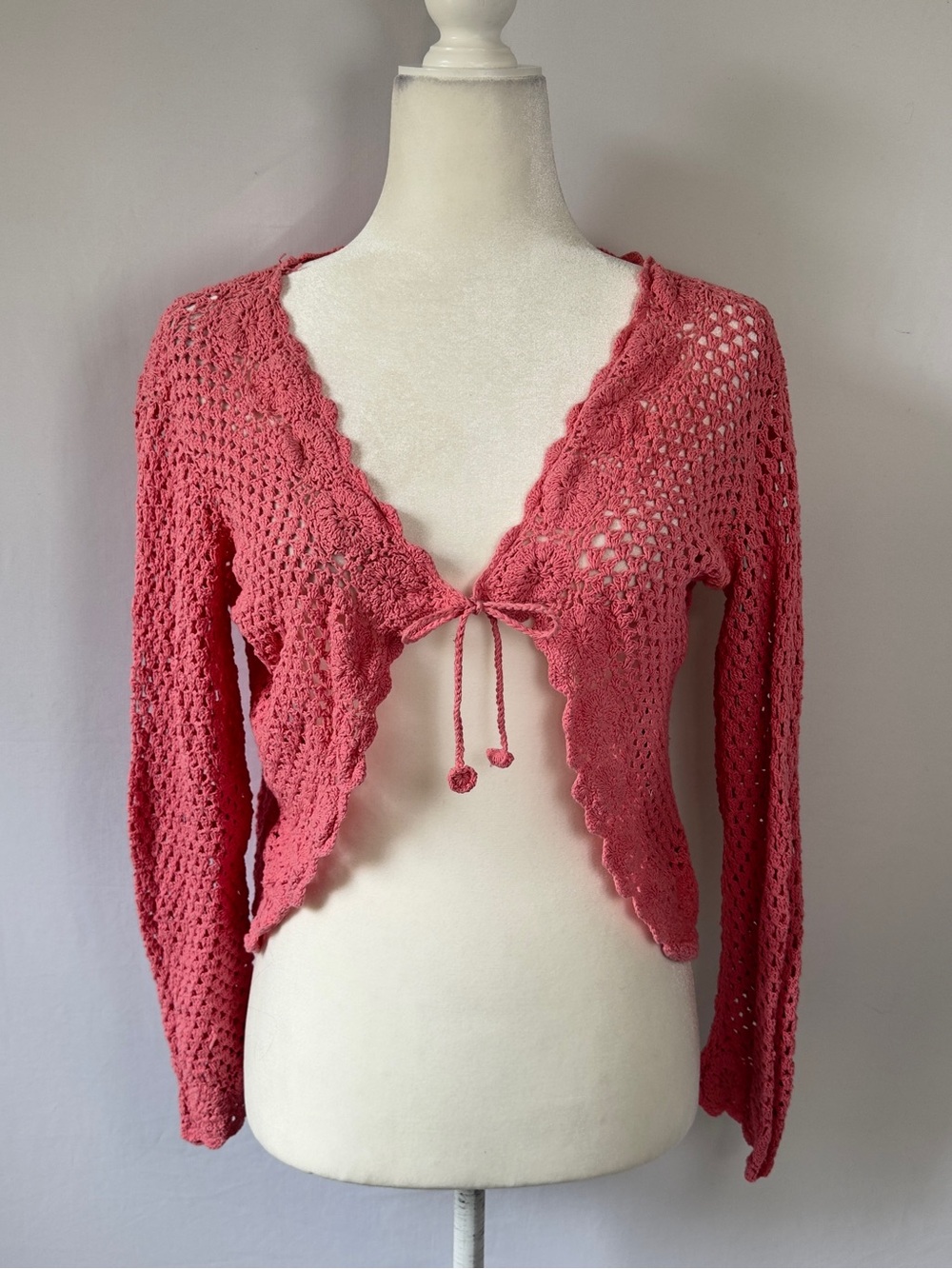 Coral Pink Crochet Bolero Shrug Tie Front Long Sleeve Cottagecore Boho S/M